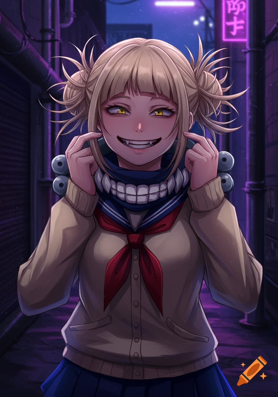 An anime girl with blonde pigtails, yellow eyes, and fanged teeth smiles maniacally in a dark alley with neon signs, wearing a school uniform.