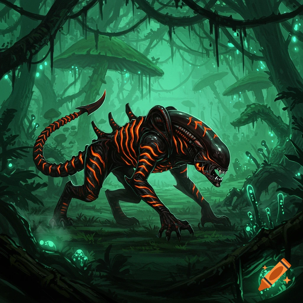 A dark alien creature with glowing orange stripes prowls through a vibrant, bioluminescent green jungle.