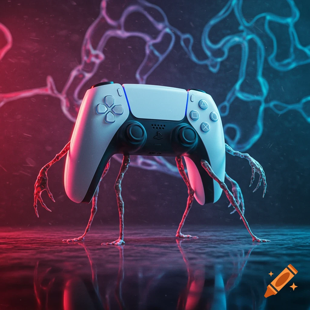 A white PS5 controller with spindly, grotesque legs stands on a reflective surface, illuminated by red and blue neon light with blurry veins in the background. Photorealistic style.