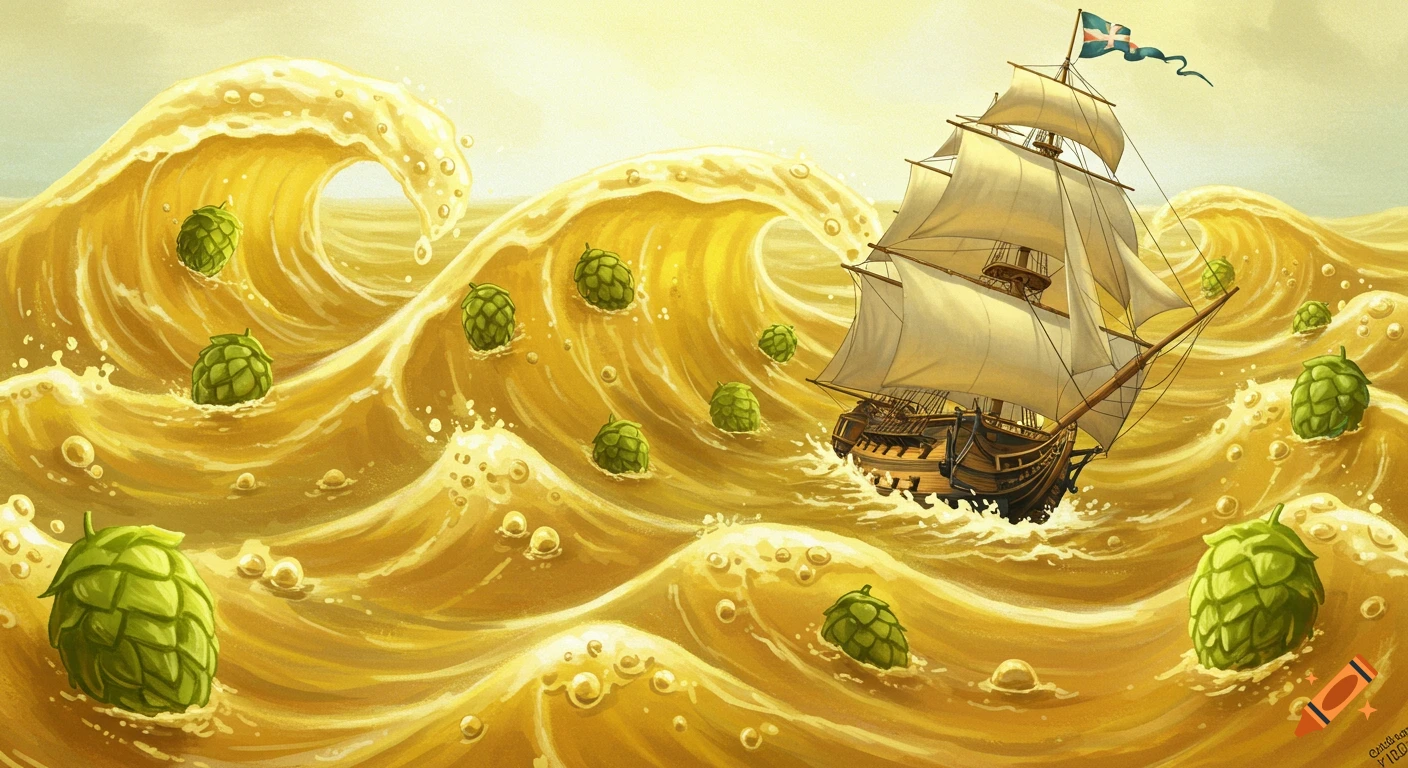 Whimsical illustration of a sailing ship on a golden sea of mead, surrounded by large green hop cones, under a bright sky.