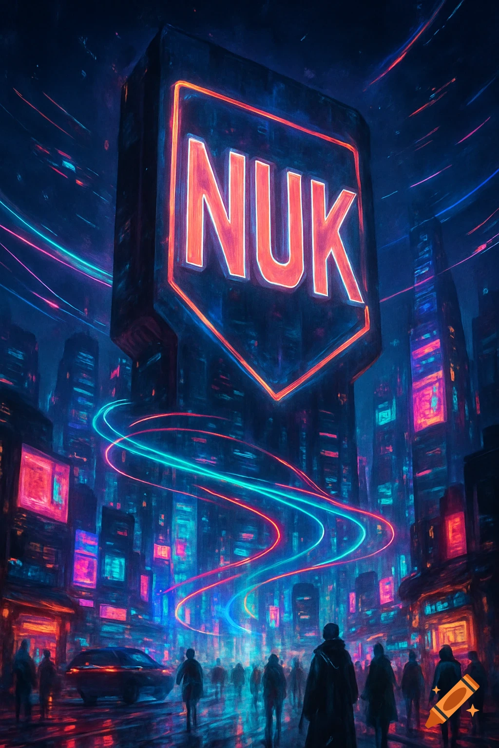 A vibrant cyberpunk city street at night, with neon lights reflecting on wet streets and a large illuminated 'NUK' sign above crowds of people.