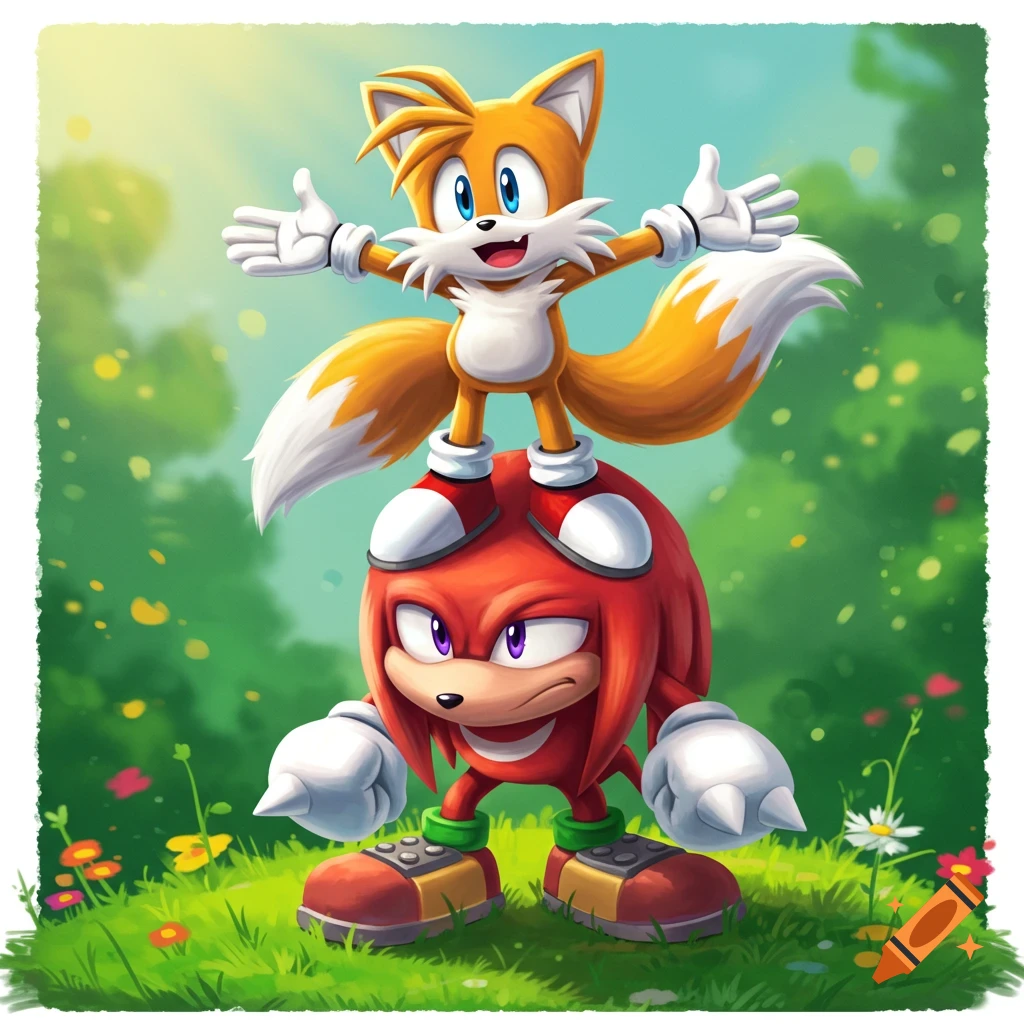 Tails the fox standing on Knuckles the echidna's head in a sunny green field with flowers, in a cheerful cartoon style.