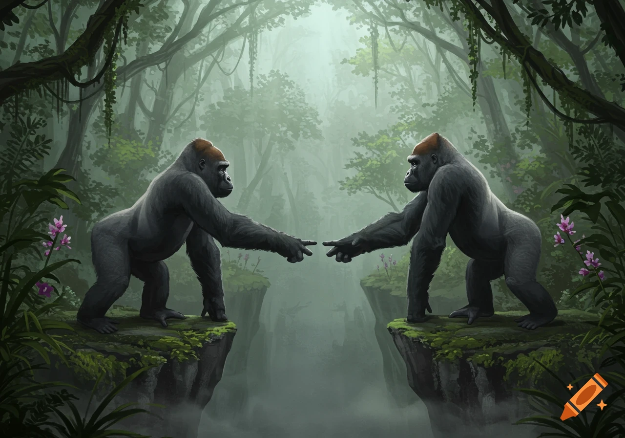 Two stylized gorillas reach across a misty jungle chasm, their fingertips almost touching.