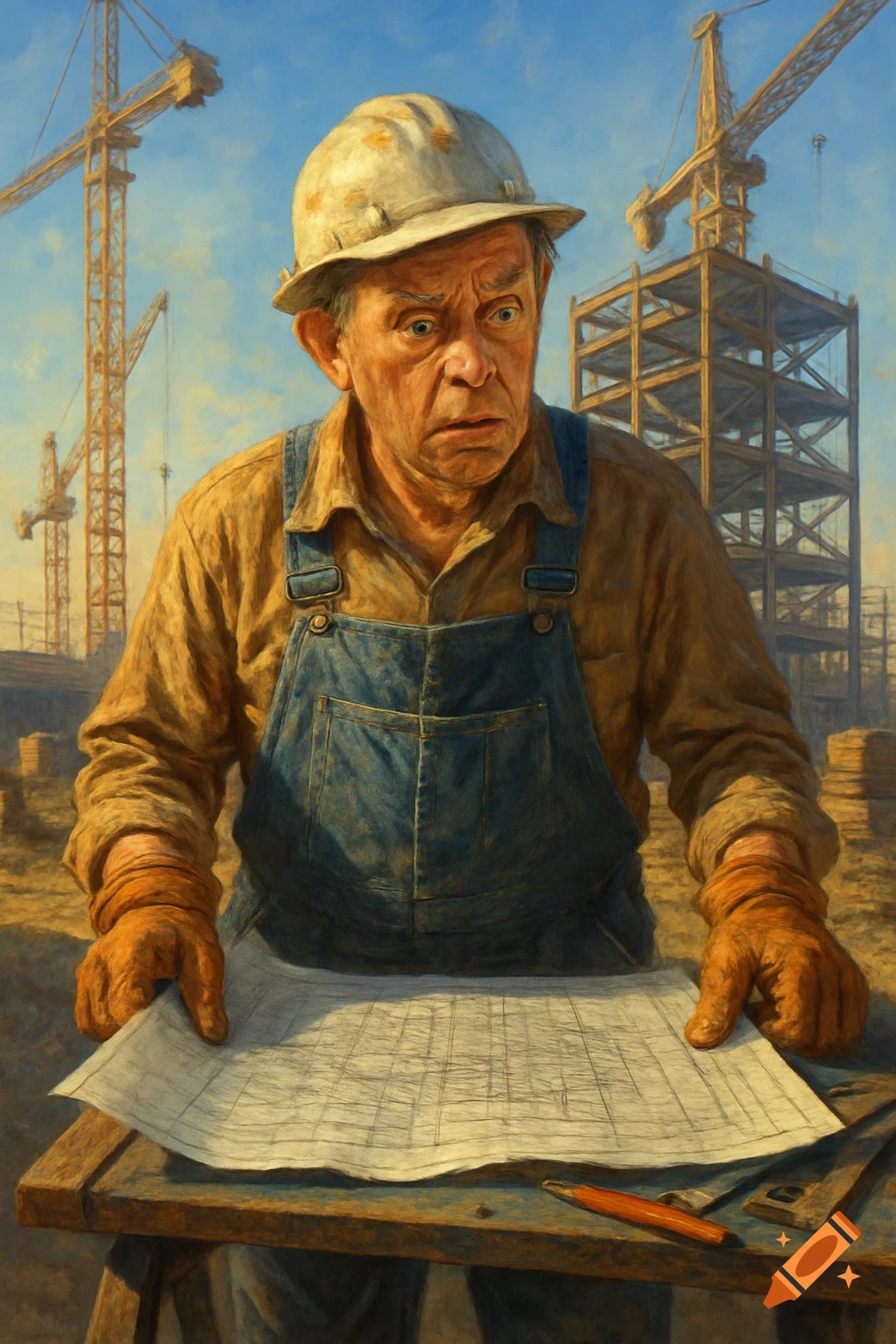 A confused construction worker in a hard hat and overalls reviews blueprints at a sunny construction site, painted.