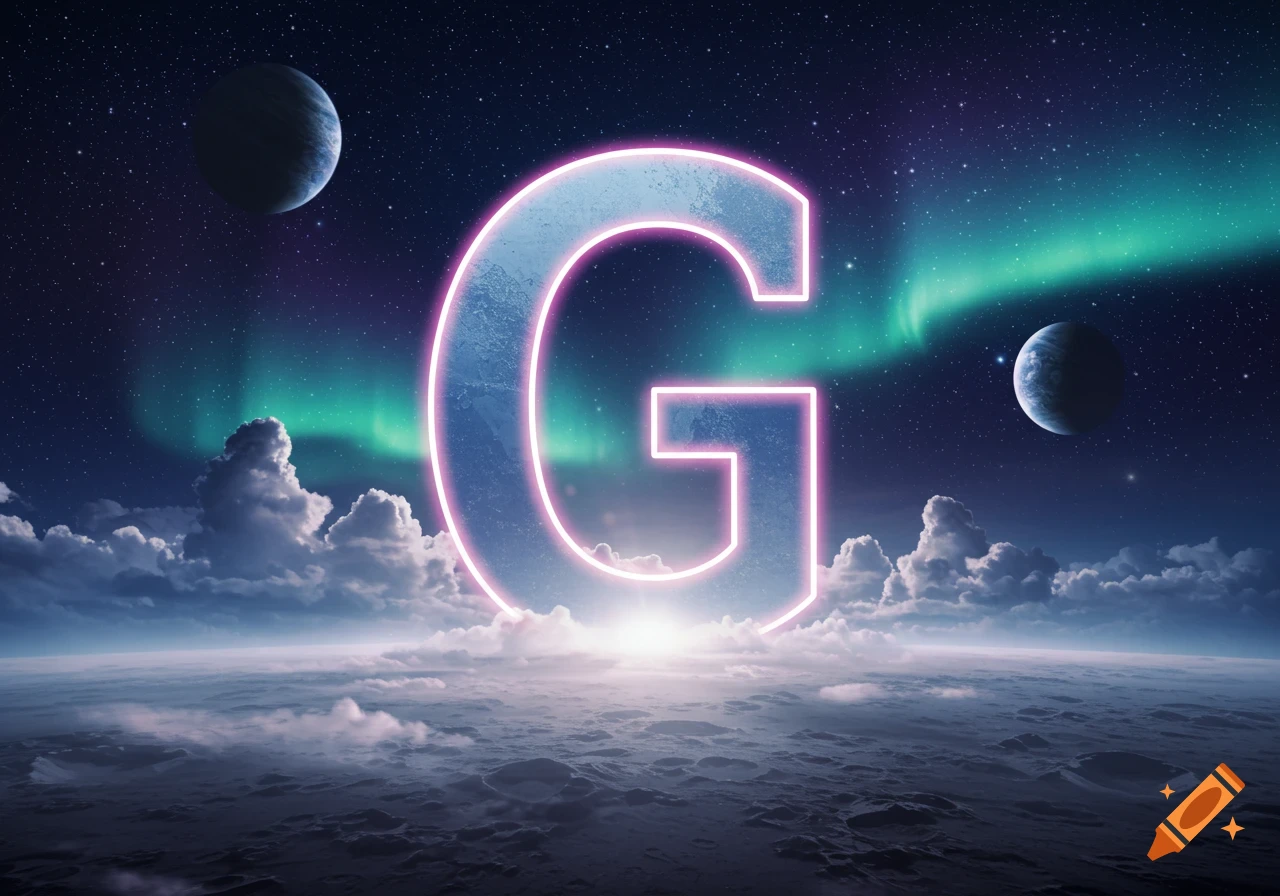 A giant, glowing letter G on an alien planet with a green aurora, starry sky, and two planets, digital art.