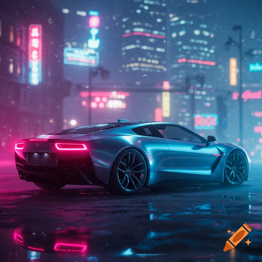 A sleek silver sports car on a wet city street at night, illuminated by vibrant neon pink and blue lights, with reflections on the ground.