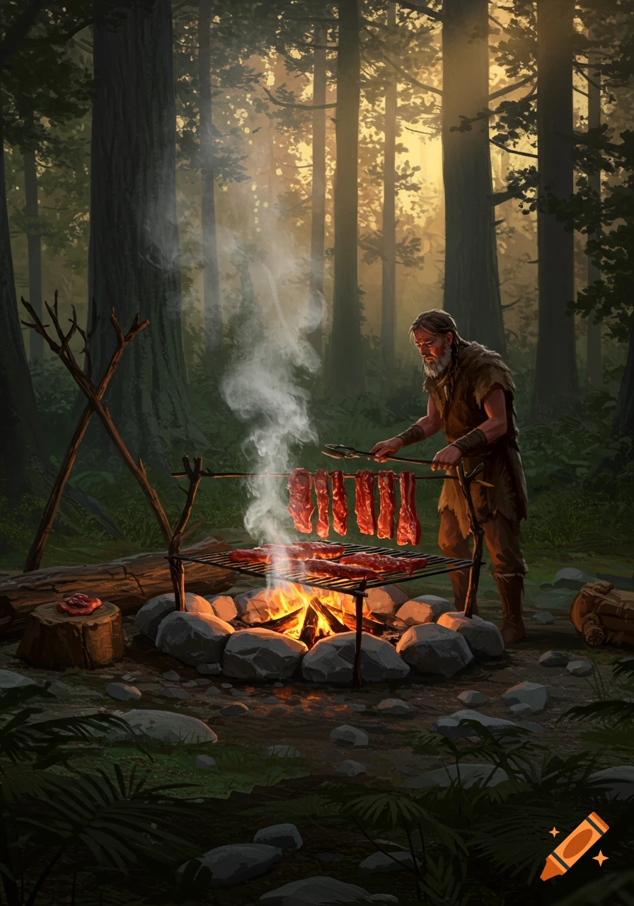 An ancient man with a beard grills meat over a campfire in a lush forest, an illustration.