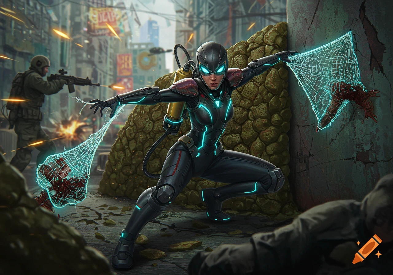 A futuristic female superhero in a black suit with glowing blue accents crouches in an urban battle, firing spider-silk webbing.