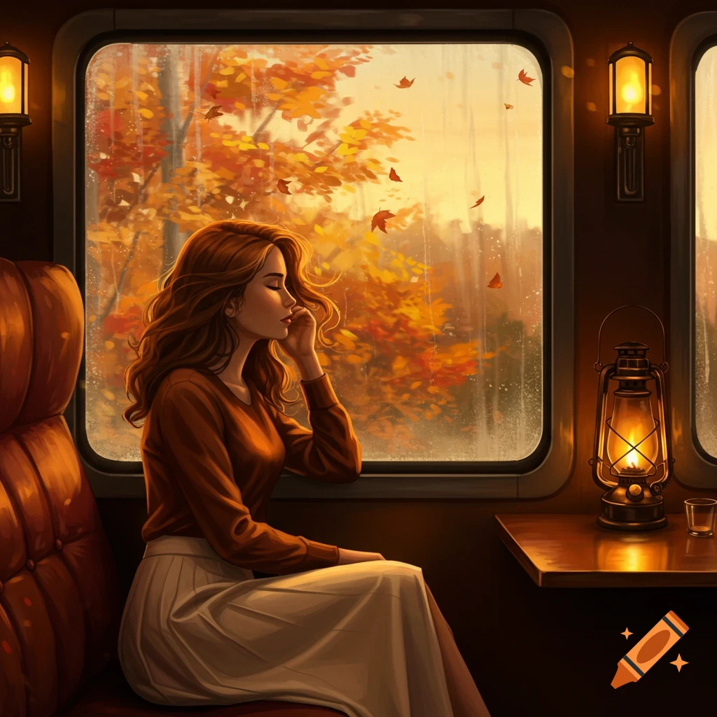 A woman with long brown hair sits on a train, looking out at an autumn landscape at dusk in a digital painting style.