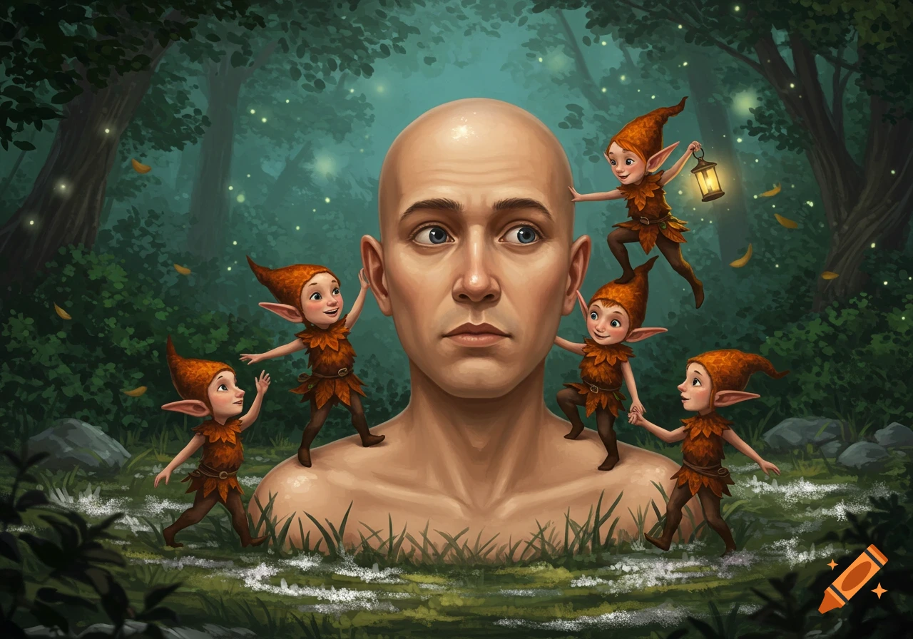 A large bald man stands in a forest, surrounded by small, cheerful elves in leaf costumes in a digital painting.