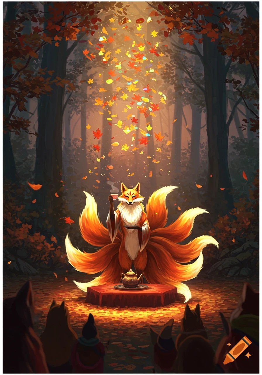 A majestic nine-tailed Kitsune performs a tea ceremony in an autumn forest with glowing, glitching leaves falling around it, observed by a small crowd.