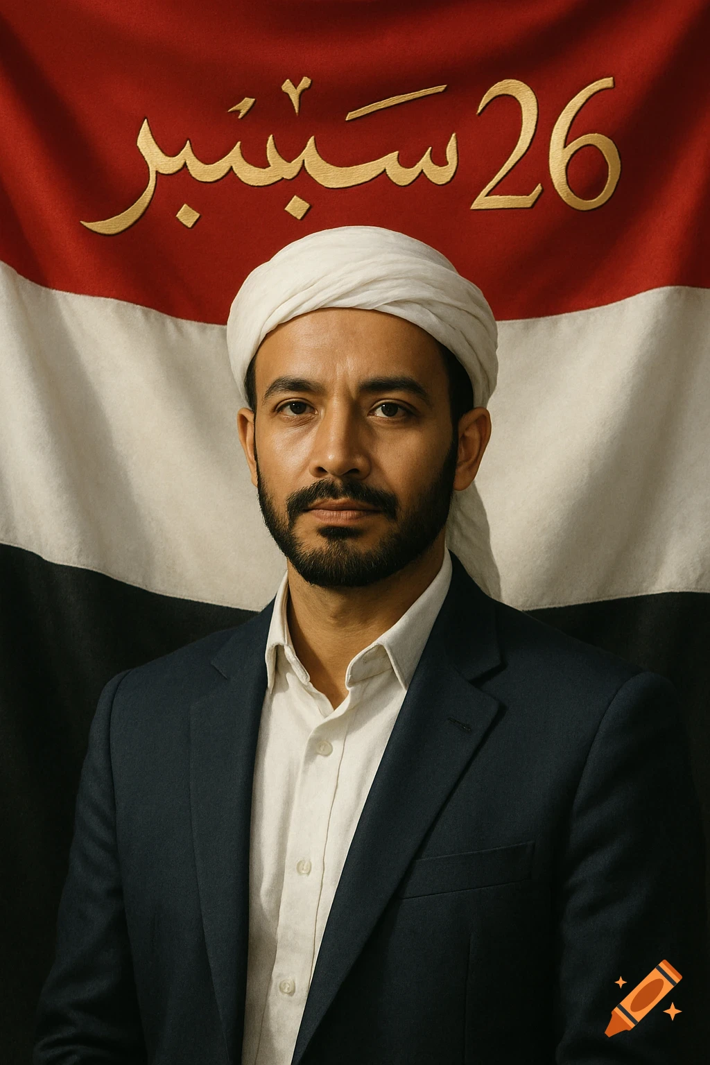 Photorealistic portrait of a man in a white turban and dark suit against a Yemeni flag, with '26 September' in gold Arabic calligraphy.
