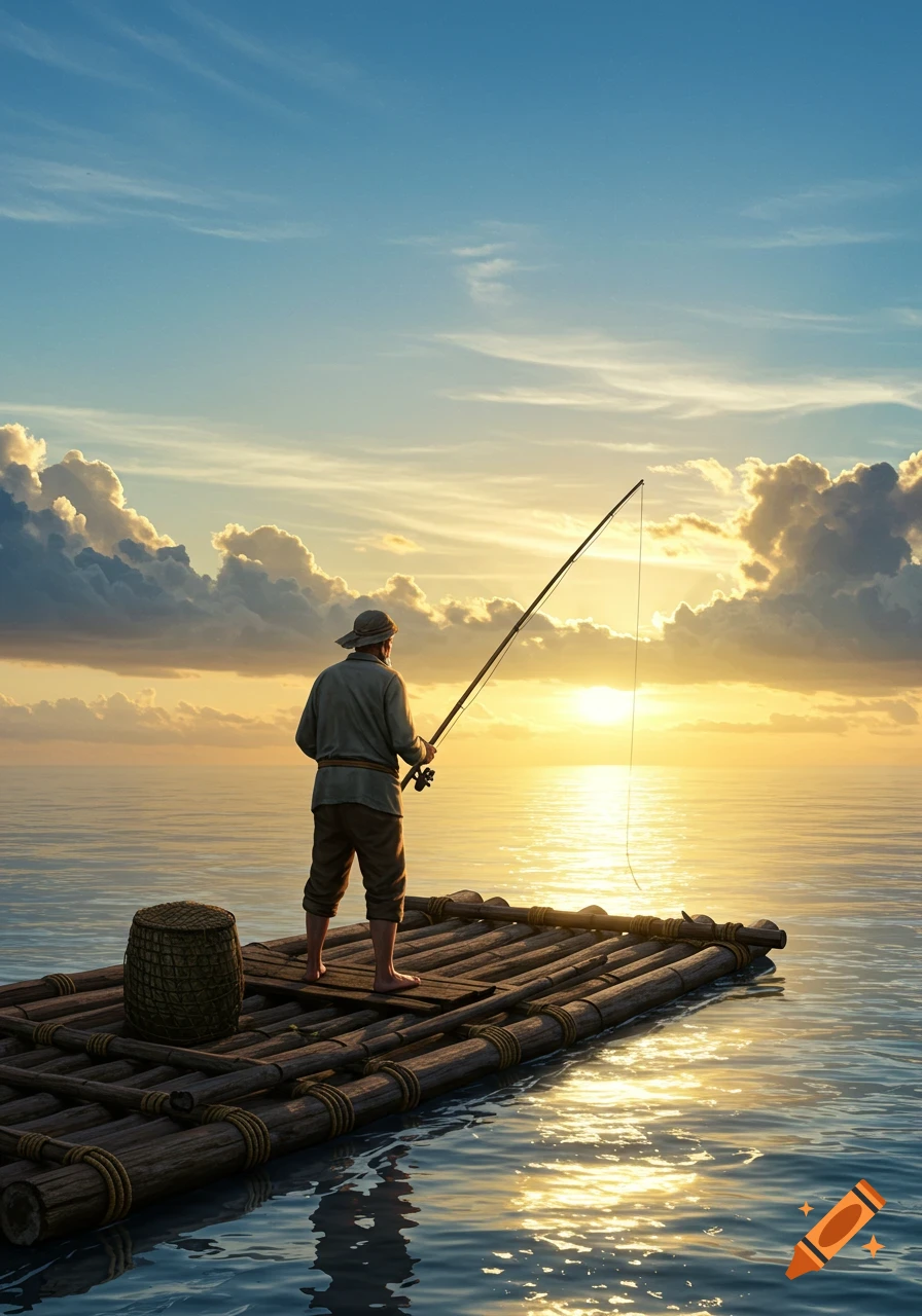 A man fishes from a wooden raft on the open sea at sunset, with golden light reflecting on the water and clouds.