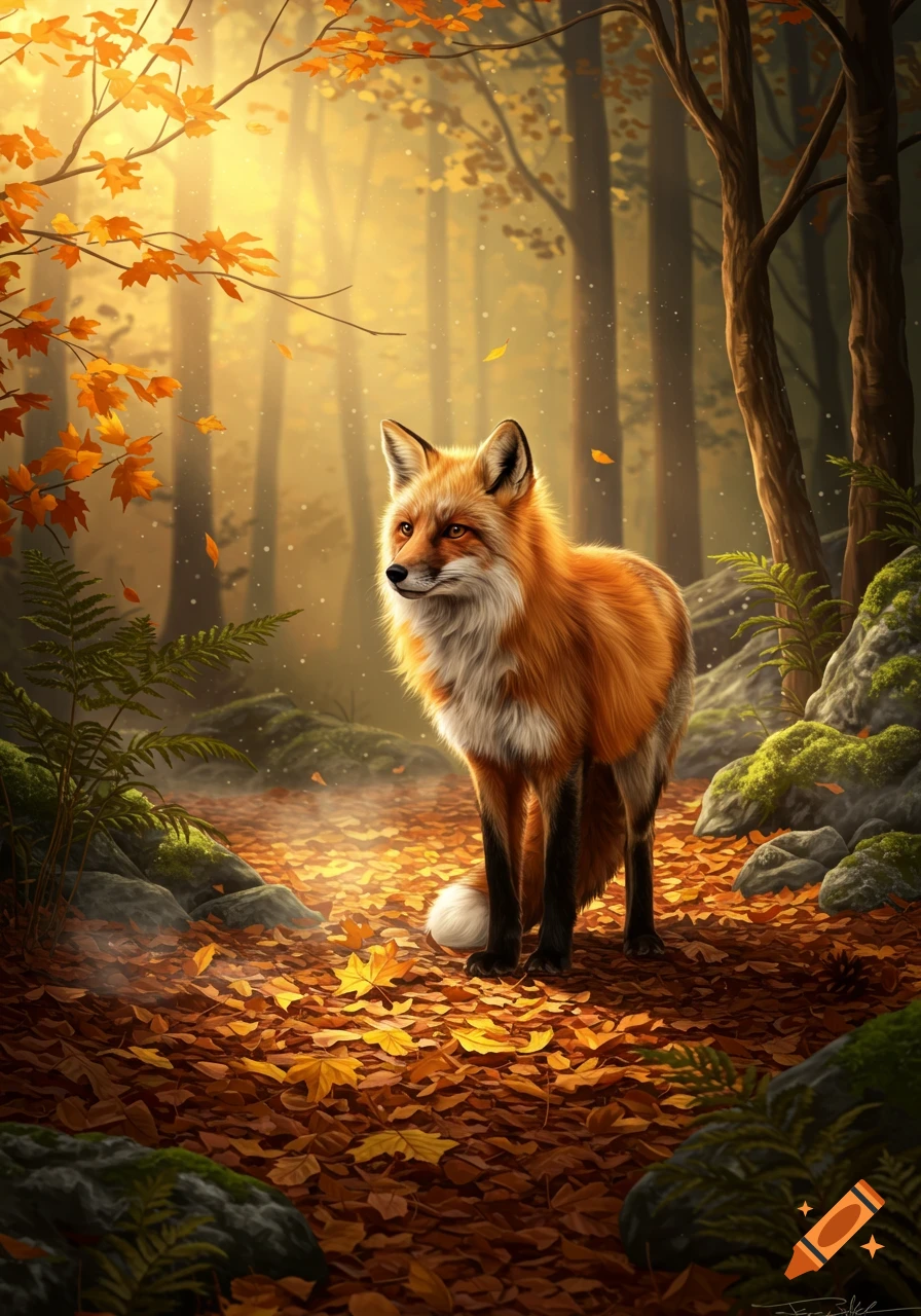 A photorealistic red fox stands on a path covered in orange autumn leaves in a sunlit forest.