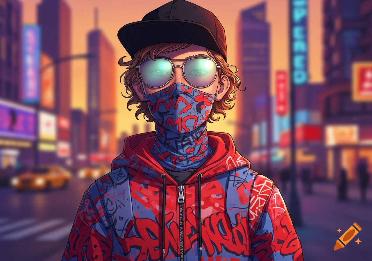 Anime style boy in a black cap, reflective sunglasses, blue and red graffiti-patterned facemask and hoodie, standing in a blurred city street at sunset.