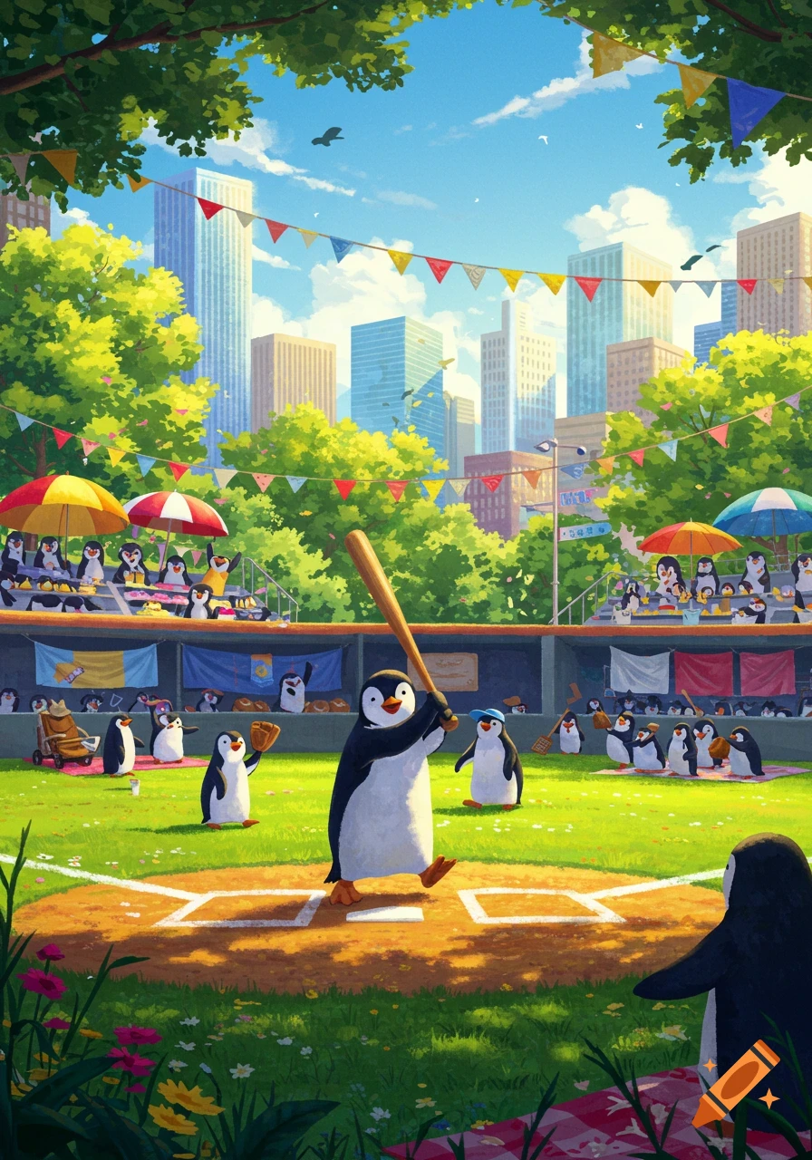 Cartoon penguins play baseball in a city park on a sunny day, with tall buildings in the background and bunting overhead.