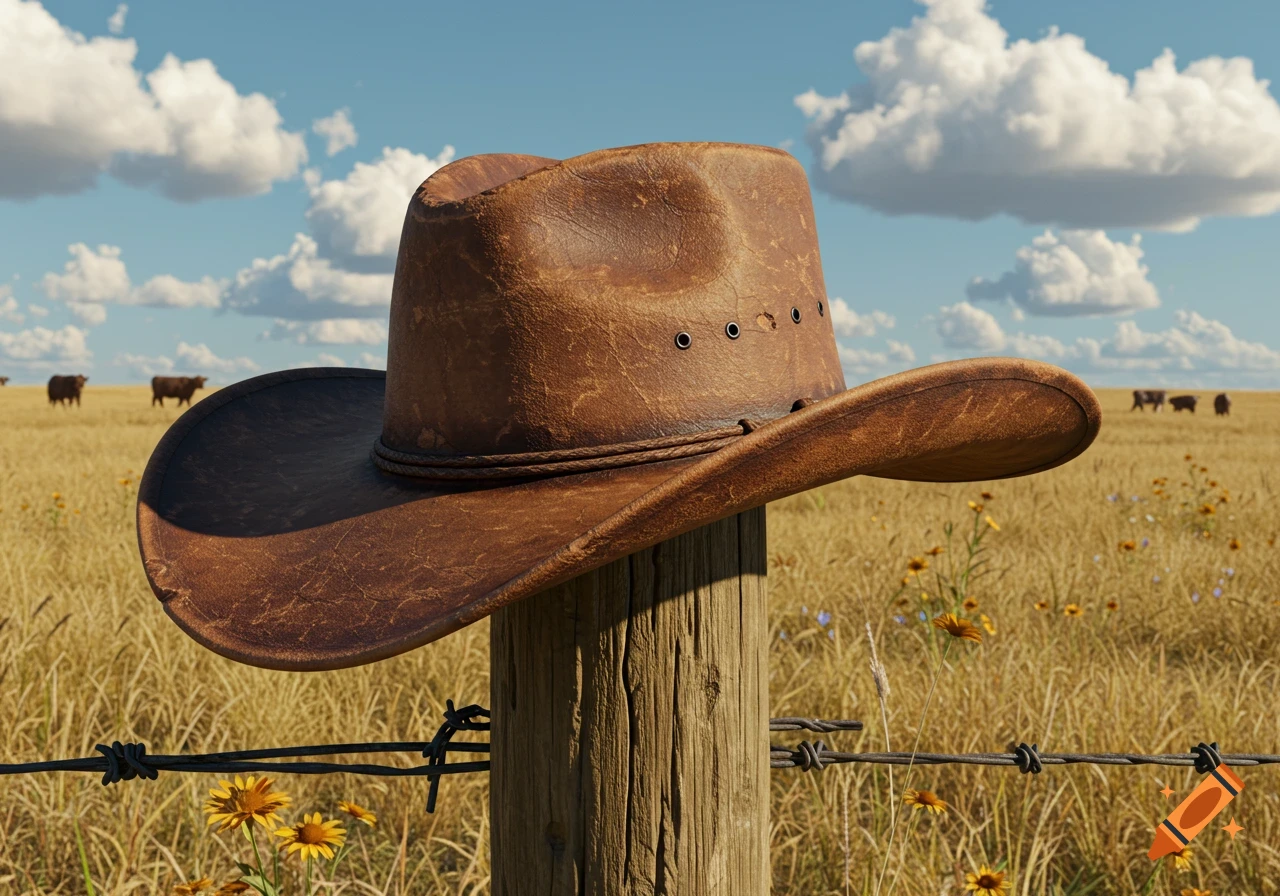 A worn brown cowboy hat sits on a wooden fence post in a golden field with cows in the distance under a blue sky.