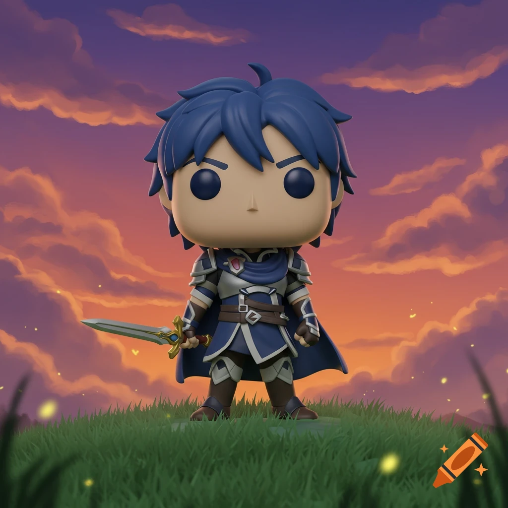 A Funko Pop figure of Chrom from Fire Emblem, holding a sword, stands on a grassy hill against a colorful sunset sky.
