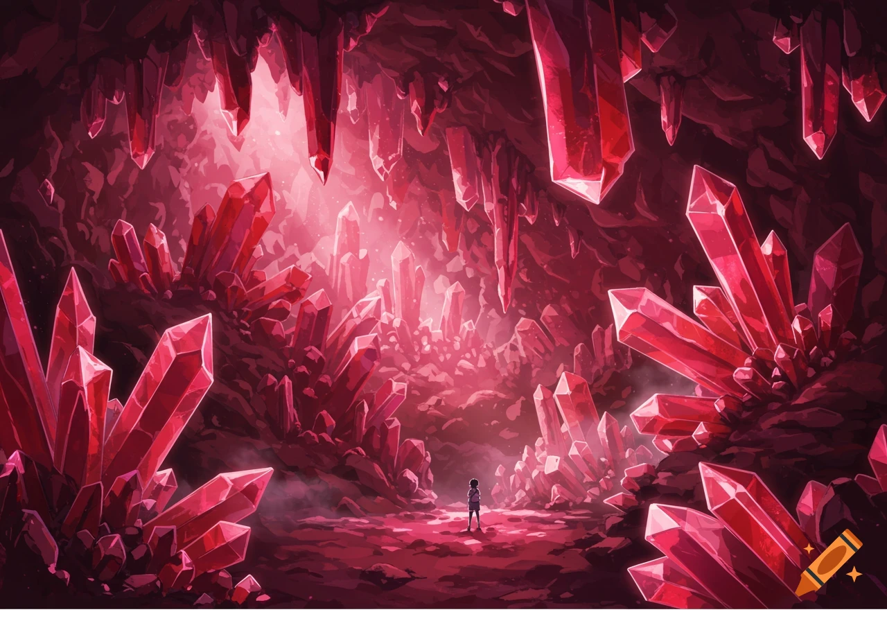 A small figure stands in a vast, glowing red crystal cave, rendered in an anime style.