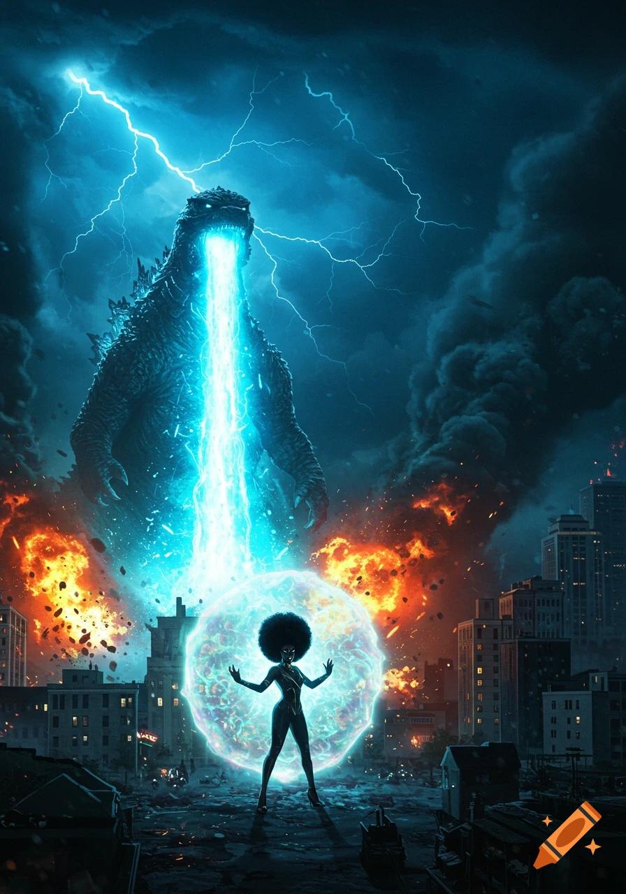 Godzilla blasts blue atomic breath at a destroyed city under lightning while an afro diva shields herself amidst explosions. Digital art.