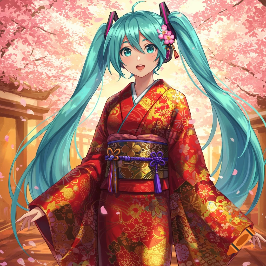 Hatsune Miku in a red kimono with gold floral patterns, standing under blooming pink cherry blossom trees in anime style.