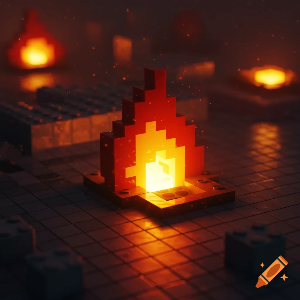 A glowing pixelated fire symbol made of red and yellow blocks on a dark grid, resembling a video game or Lego style.