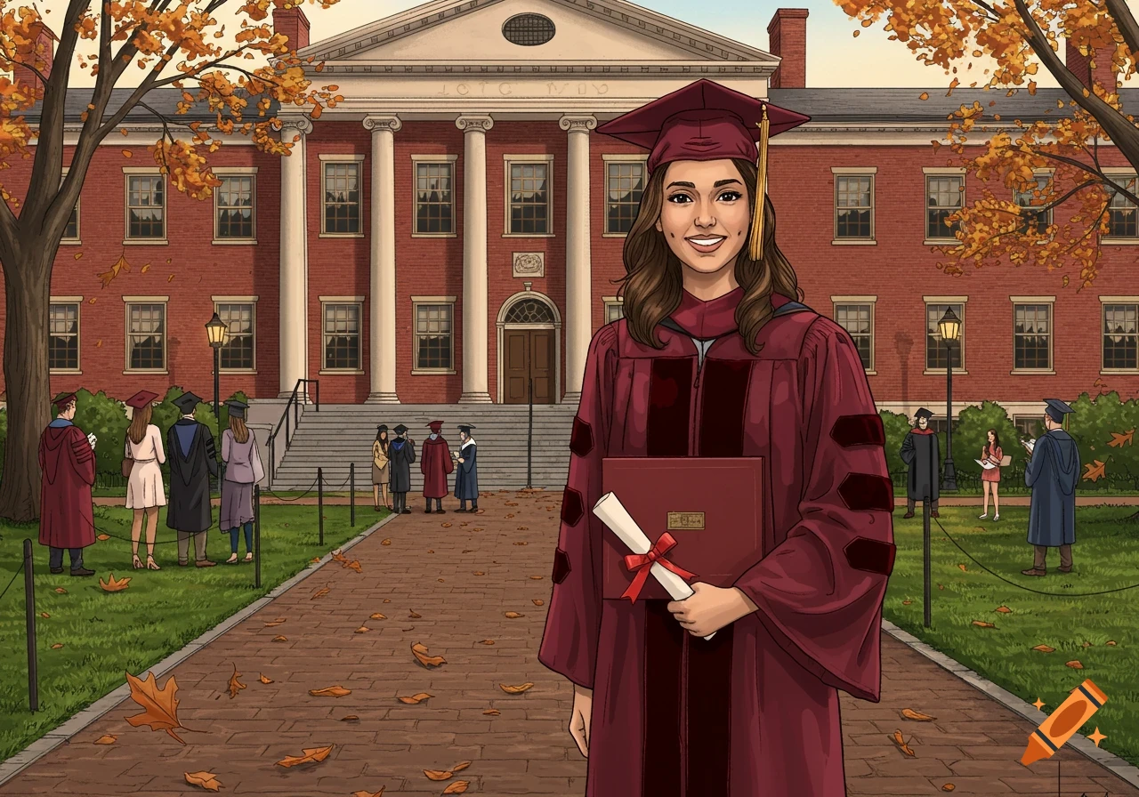 A young woman in a maroon graduation cap and gown holds a diploma, smiling in front of a brick university building with autumn trees in a stylized illustration.