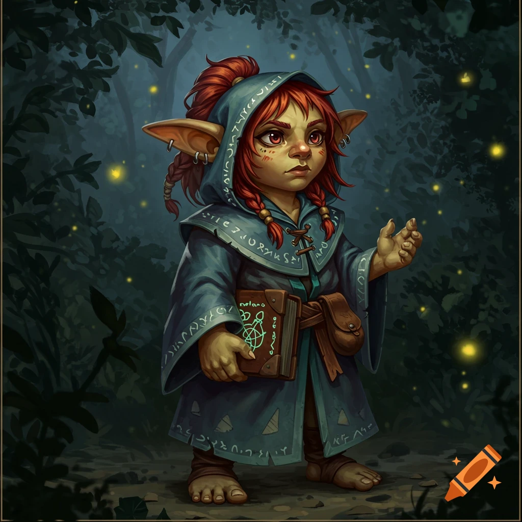 A small, red-haired goblin wizard in an oversized blue-green robe holds a magical tome, standing in a dark forest with glowing fireflies.