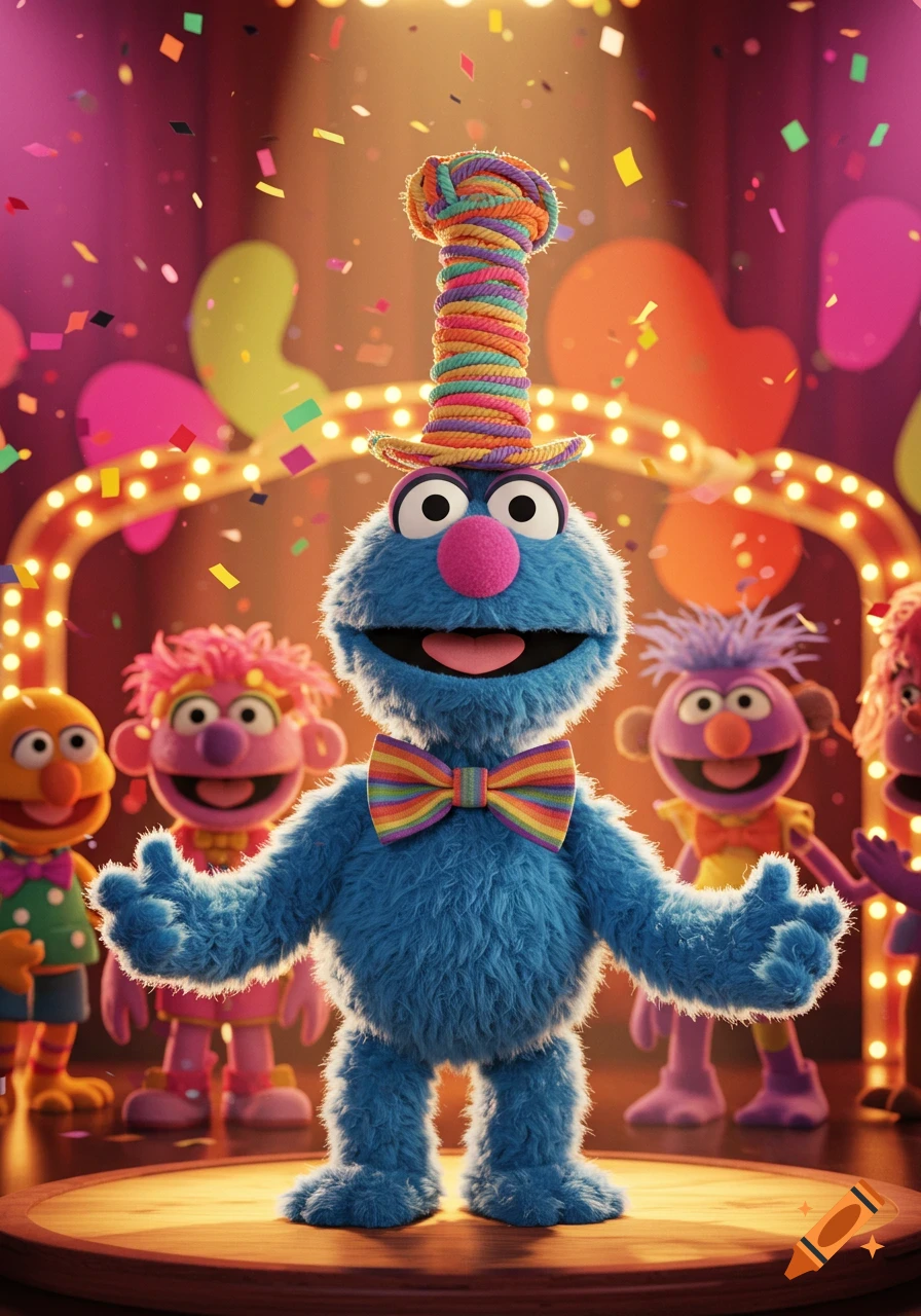 A blue fuzzy muppet wearing a tall striped hat and rainbow bow tie stands on a stage with arms outstretched, surrounded by confetti and other colorful muppets.