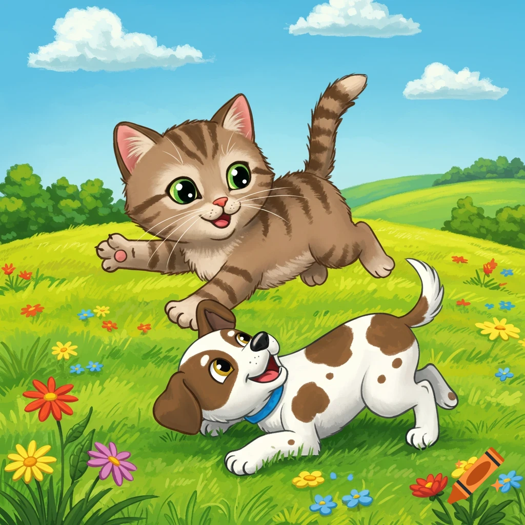 Cartoon tabby cat and brown and white puppy playing in a green field with colorful flowers under a blue sky.