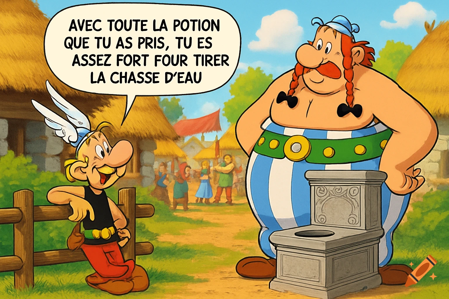 Cartoon Asterix tells Obelix, standing next to a toilet in a village, that he's strong enough to flush it.