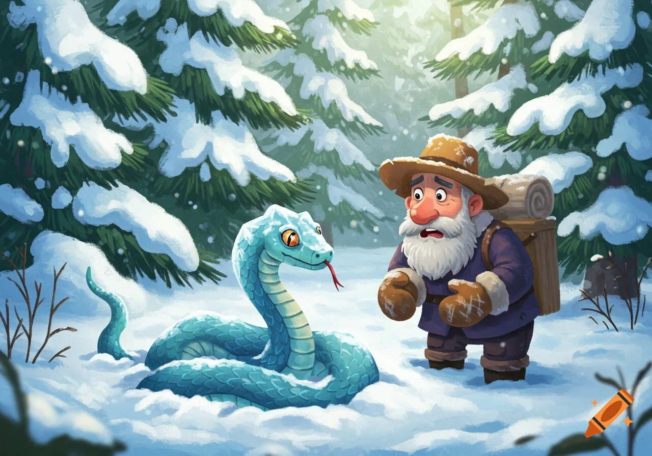 A concerned old man wearing a hat and backpack sees a blue snake in a snowy winter forest, cartoon style.
