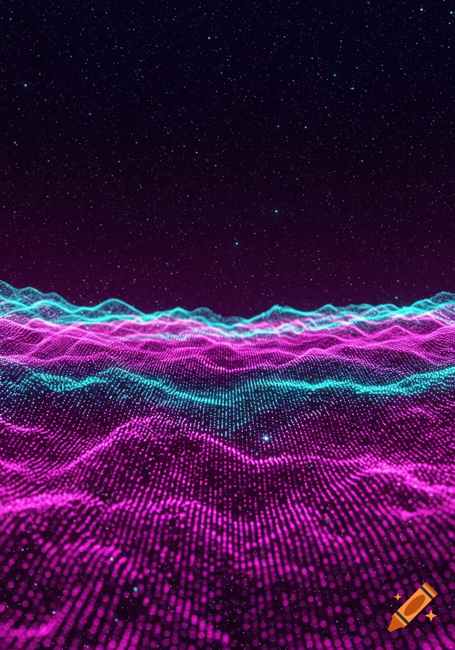 Abstract digital landscape with glowing magenta and cyan wave patterns against a dark, starry sky.