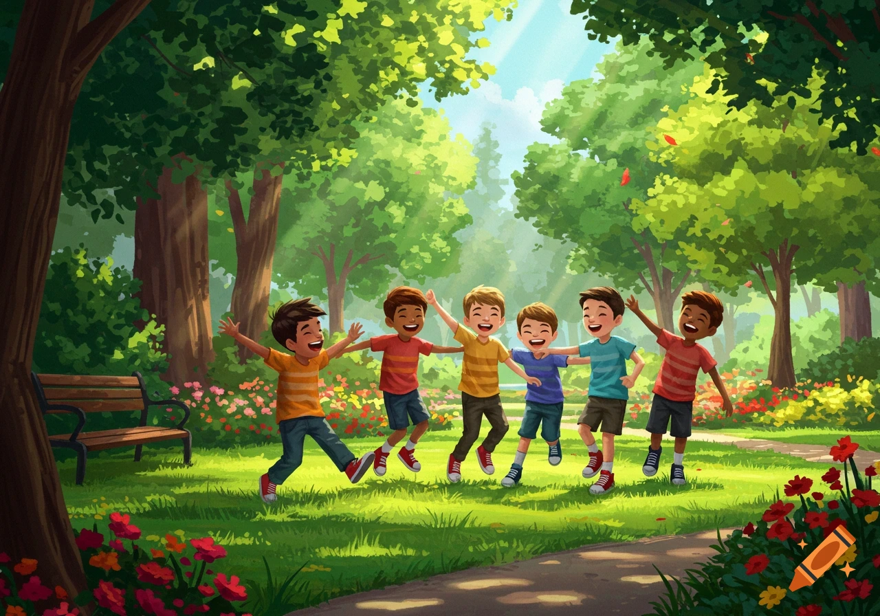 Six happy boys running and laughing in a vibrant, sunny park with green trees and colorful flowers, in an illustration style.