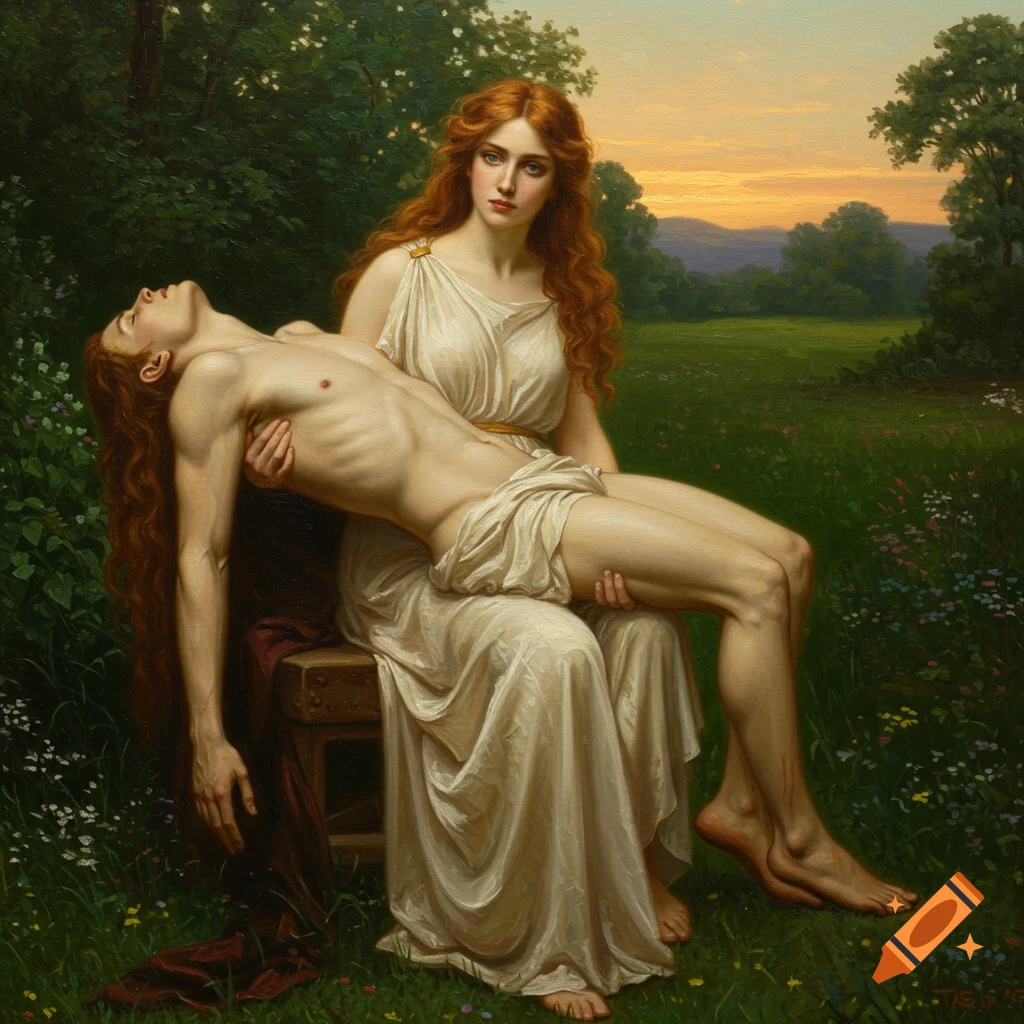 Classical oil painting of a red-haired woman in a white gown holding a limp, unconscious man in a grassy landscape at sunset.