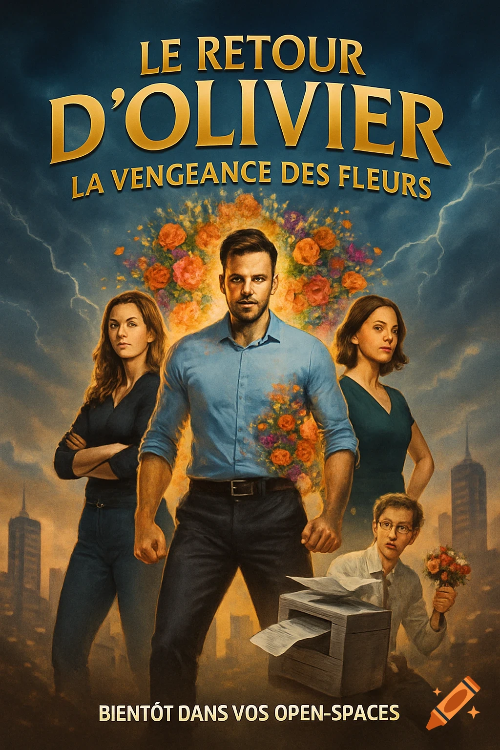 Movie poster for 'Le Retour d'Olivier: La Vengeance des Fleurs' featuring a central man with flowers bursting from his shirt, flanked by two women, and a nerdy man with a printer and flowers in the foreground, against a stormy cityscape.