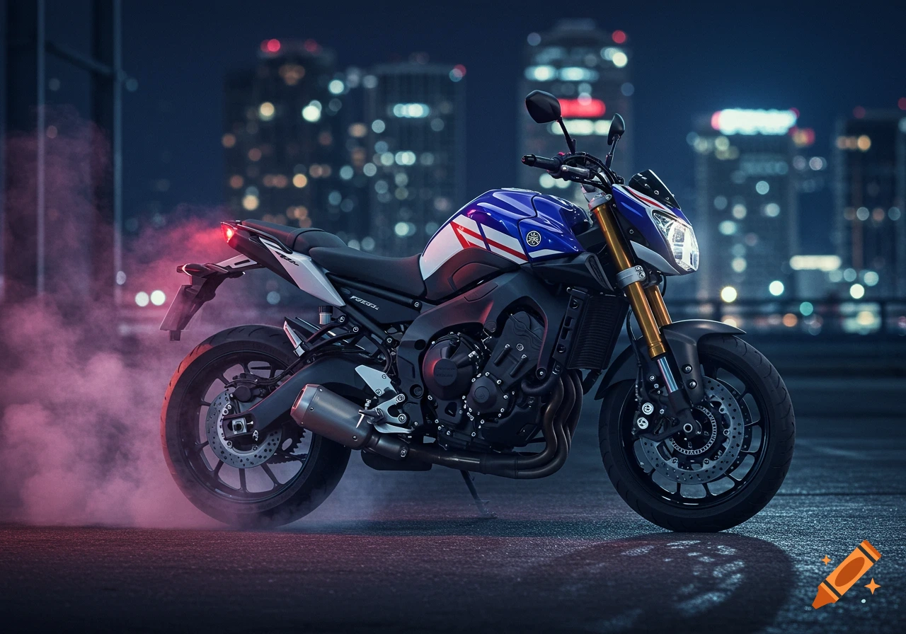 Blue, white, and red Yamaha motorcycle with gold forks on a wet city street at night, smoke around the rear wheel, blurred skyscrapers in background, photorealistic style.