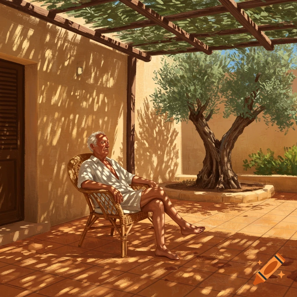 An old man in a wicker chair relaxes on a sunny, tiled patio with dappled shadows from a trellis and an olive tree. Illustration.