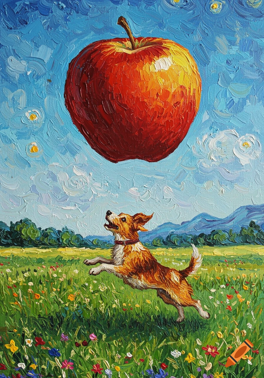 Van Gogh style painting of a happy dog jumping in a field towards a giant flying red apple under a blue sky.