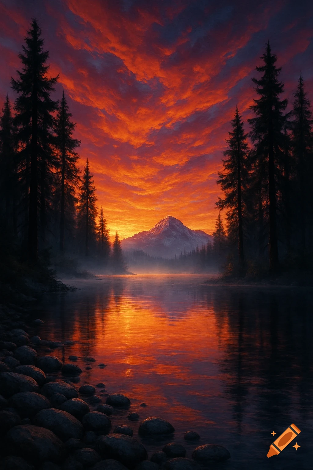 A vibrant red and orange sunset over a still lake with silhouetted pine trees and a distant snowy mountain.