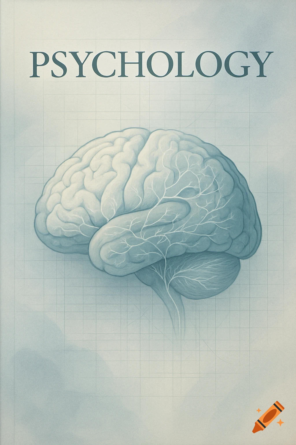 Blue-tinted scientific illustration of a human brain with a grid background and 'PSYCHOLOGY' written above it.