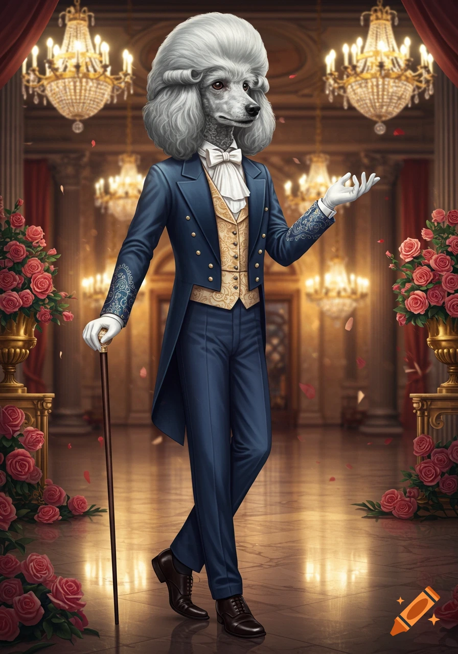 A grey poodle in an elaborate blue suit, powdered wig, and white gloves stands with a cane in a luxurious ballroom with chandeliers and roses.