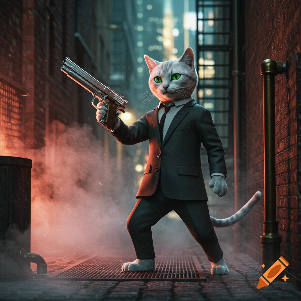 A grey anthropomorphic cat in a dark suit holds a silver handgun in a misty, neon-lit city alleyway at night. Cinematic style.