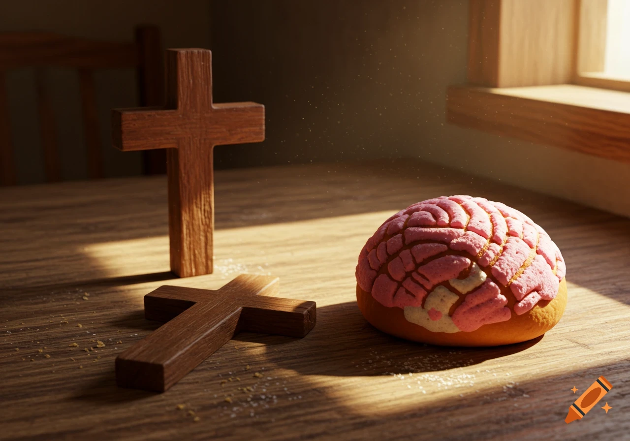 Two wooden crosses, one standing and one lying, next to a pink concha bread on a sunlit wooden table.