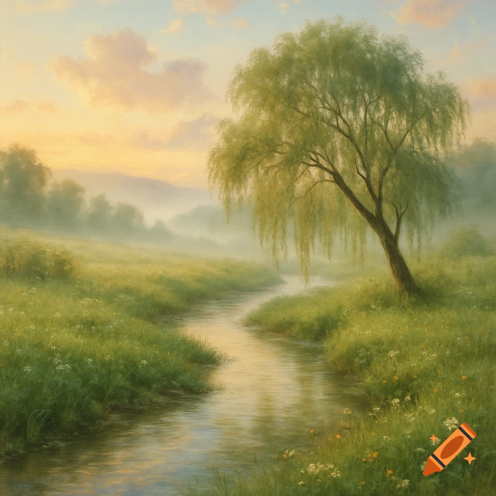 Soft painterly landscape of a winding river in a misty, grassy field at dawn, with a large willow tree on the right.