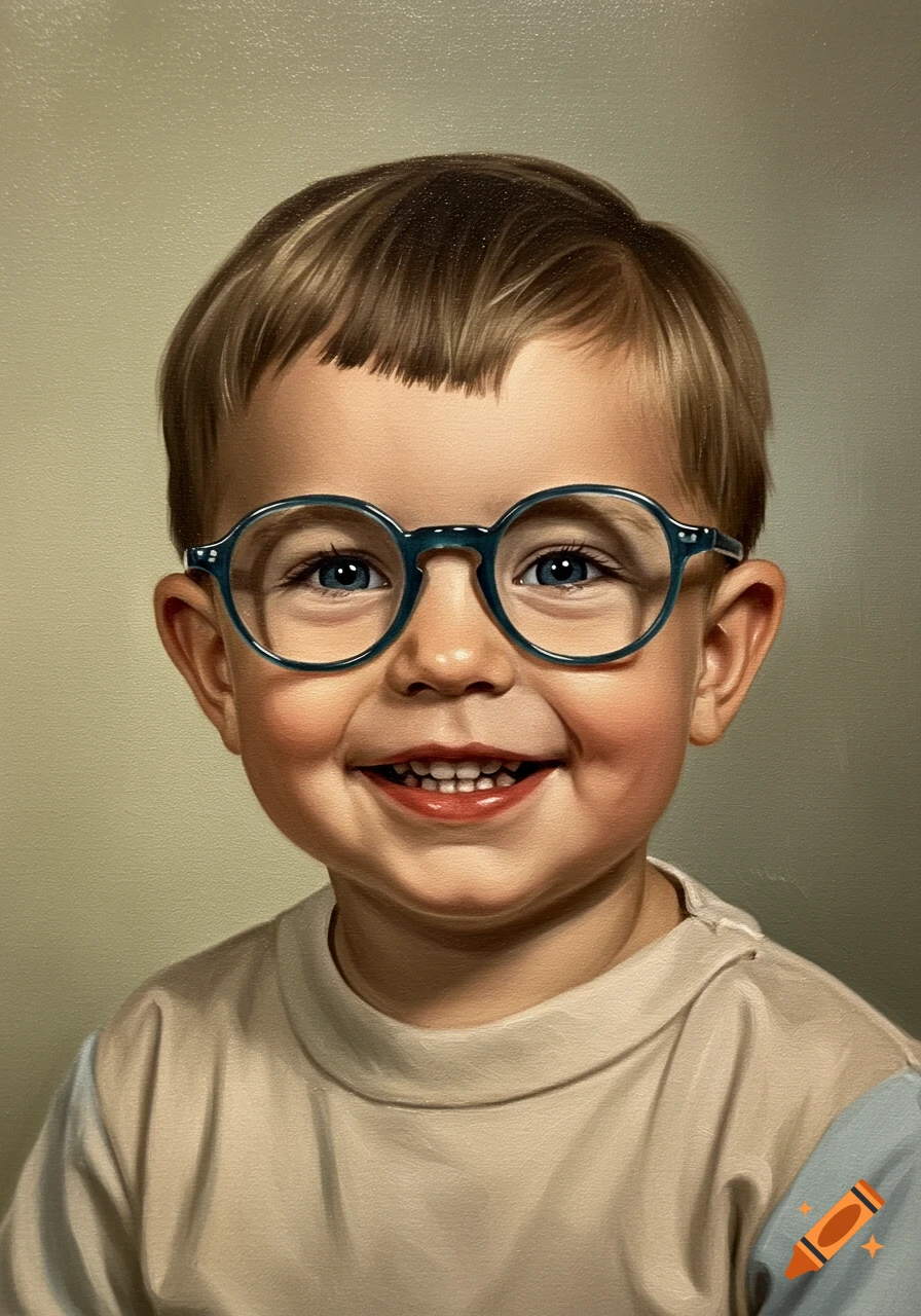 A vintage oil painting of a smiling young boy with short hair and round blue glasses.