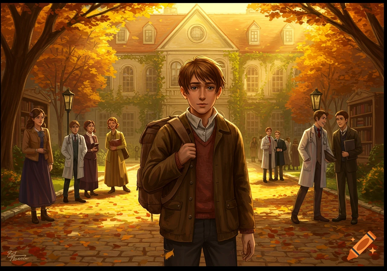 Illustrated scene of a young man with a backpack in front of a school, surrounded by other students on an autumn day.