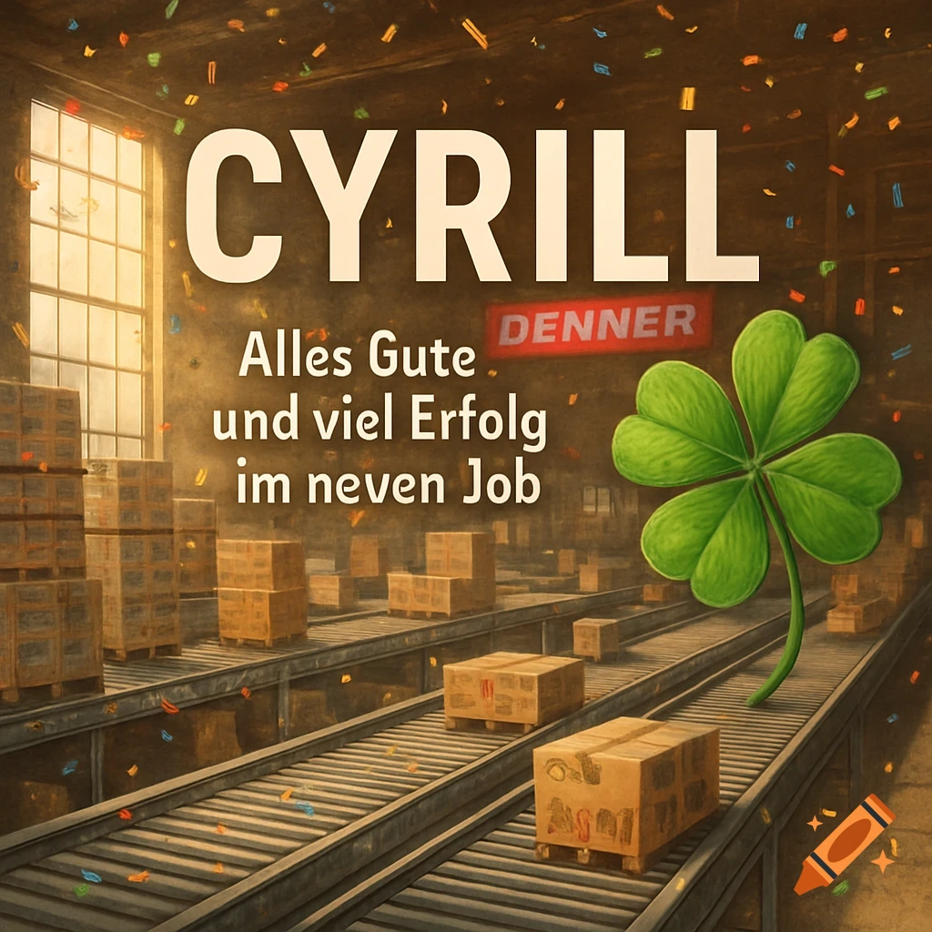 A warehouse scene with conveyor belts carrying boxes, stacks of boxes, and confetti falling. Large text reads "CYRILL Alles Gute und viel Erfolg im neven Job" and "DENNER". A large four-leaf clover is on the right.