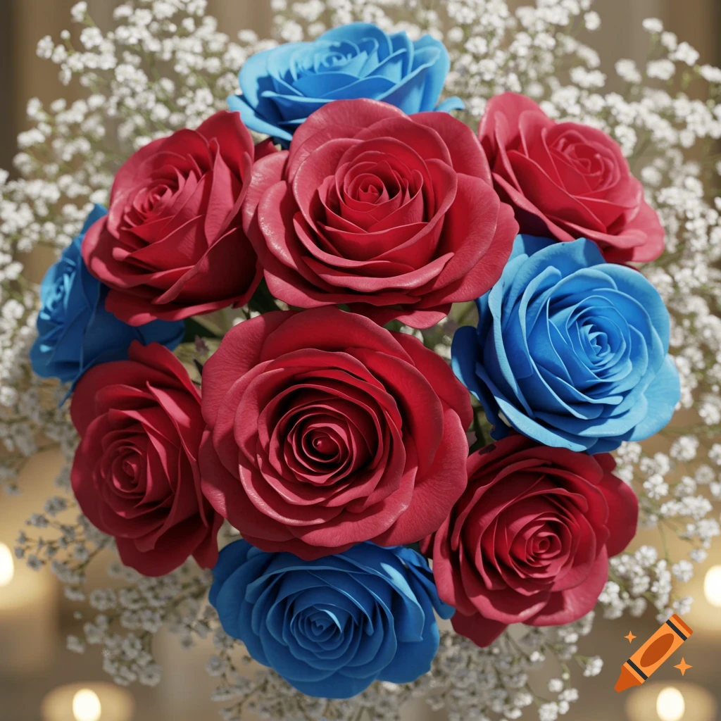 A vibrant bouquet of red and blue roses interspersed with delicate white babies' breath, photorealistic style.