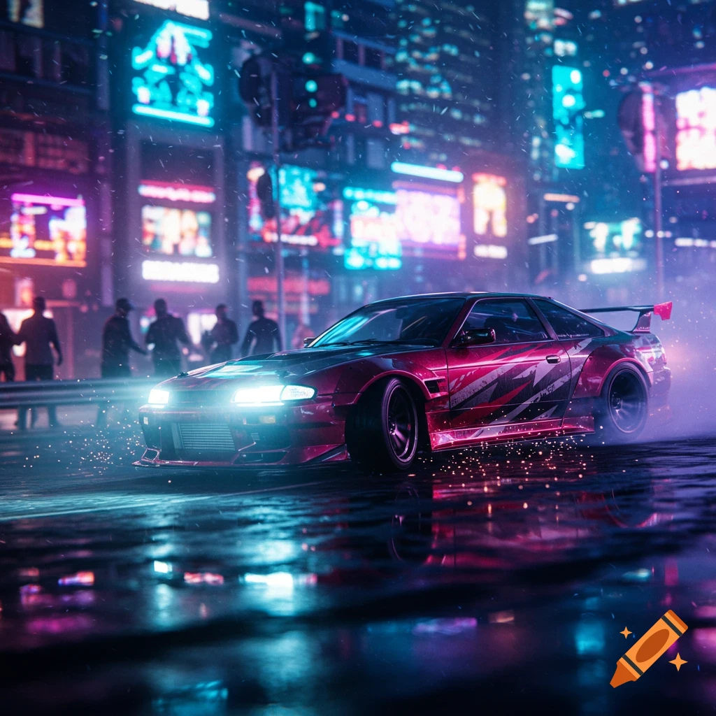 A red sports car drifts on a wet street in a neon-lit cyberpunk city at night, with glowing headlights and reflections.